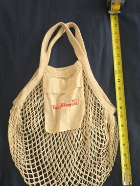 Tory Burch Natural Beige Mesh Tote with Logo Pocket